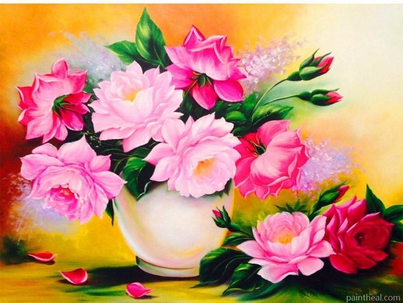 Pink Blossom Flowers In Vase Painting By Numbers Kits