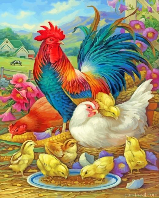Roosters And Chicks Birds Painting By Numbers Kits
