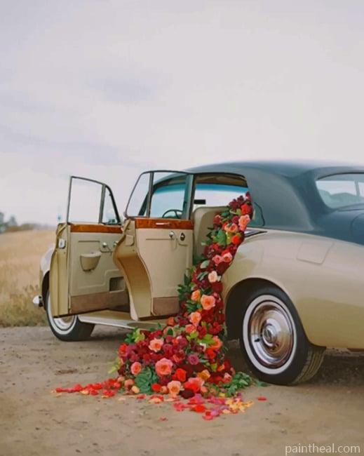 Red Flowers In A Classic Car NEW Painting By Numbers Kits