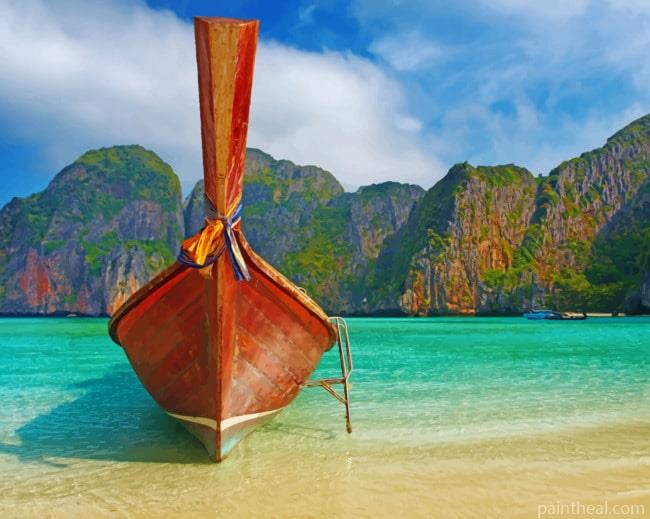 Wooden Boat On Beach Painting By Numbers Kits