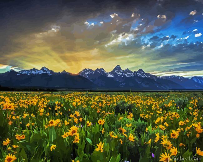 Flowers And Mountains At Sunrise Painting By Numbers Kits