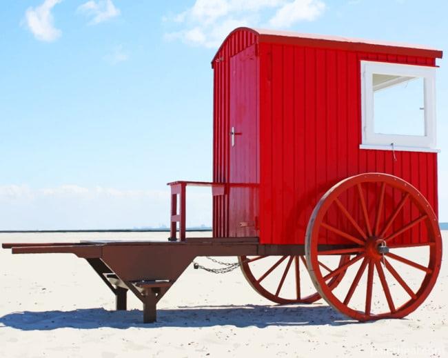 Red Wheel Cabin On Beach Painting By Numbers Kits