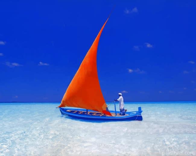 Maldivian Dhoni On Tropical Blue Lagoon Painting By Numbers Kits