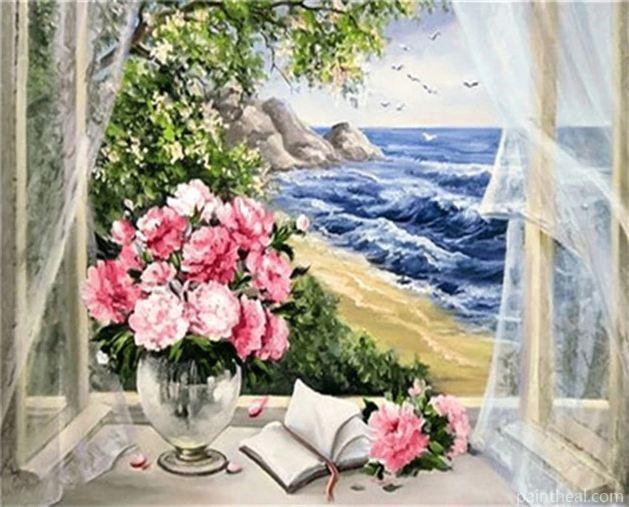 Flowers In Window By The Sea Painting By Numbers Kits