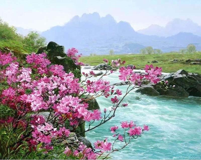 Pink Flowers By River Painting By Numbers Kits