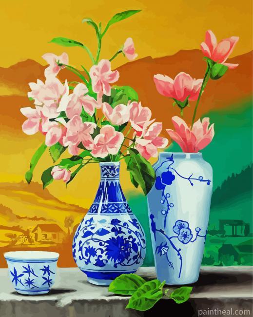 Blue And White Vase With Pink Flowers Painting By Numbers Kits