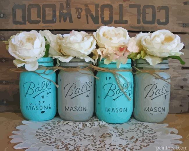 Turquoise Ball Jars With White Flowers Painting By Numbers Kits