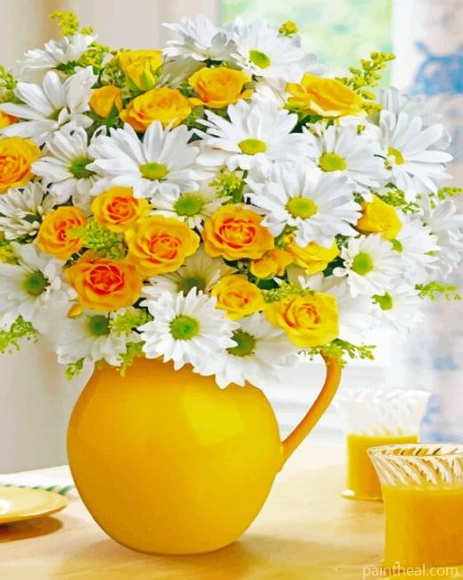 White And Yellow Flowers In Vase Painting By Numbers Kits