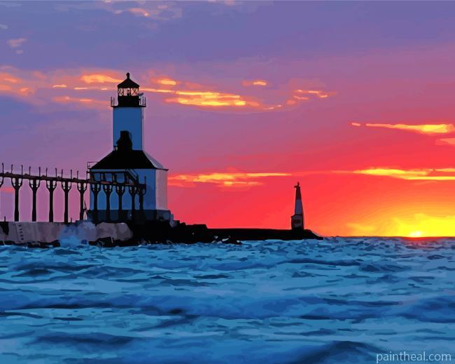 Lighthouse And Sea Tower Sunset Painting By Numbers Kits