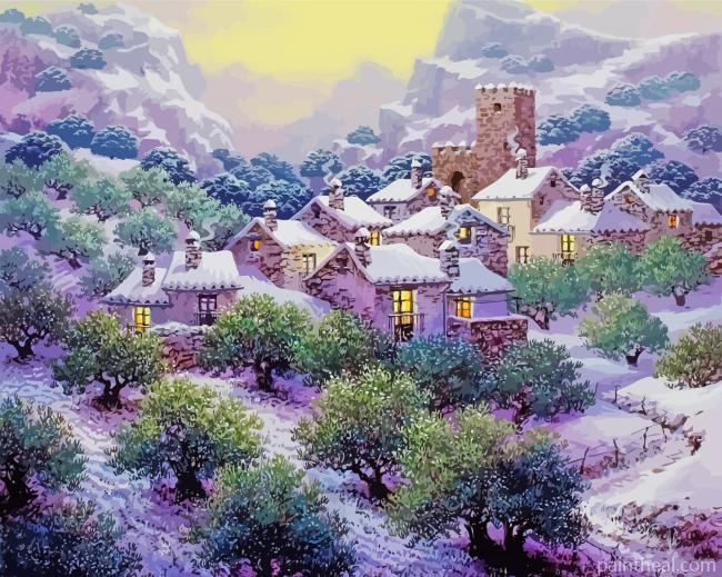 Olive Tree And Houses -Paint By Numbers Painting By Numbers Kits