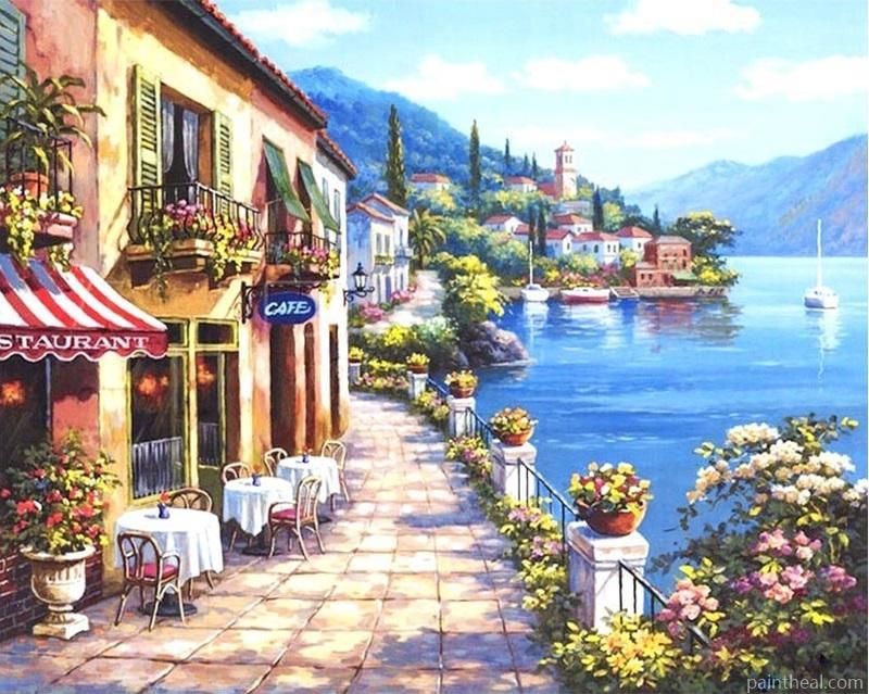 Cafe By The sicily Sea Cities Painting By Numbers Kits