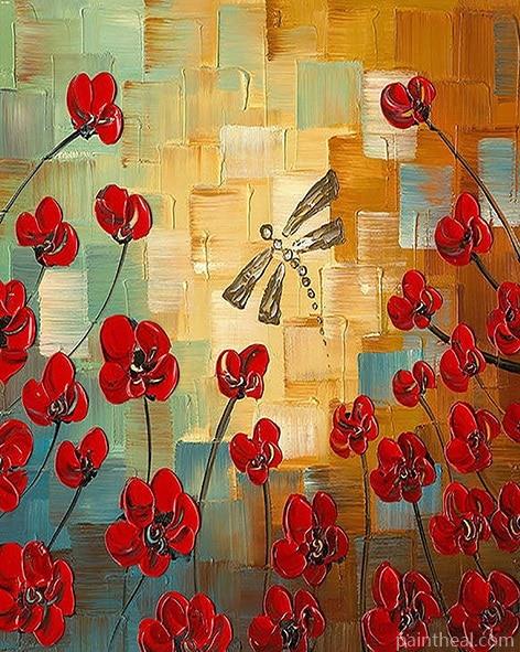 Red Flowers and Dragonfly Painting By Numbers Kits