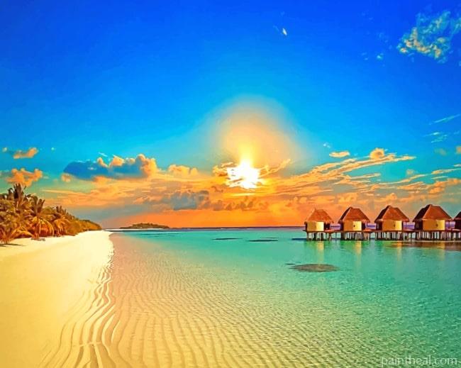 Tropical Beach Bungalows Huts Painting By Numbers Kits