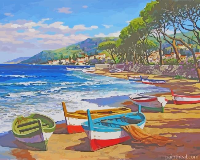 Boats By Beach Painting By Numbers Kits