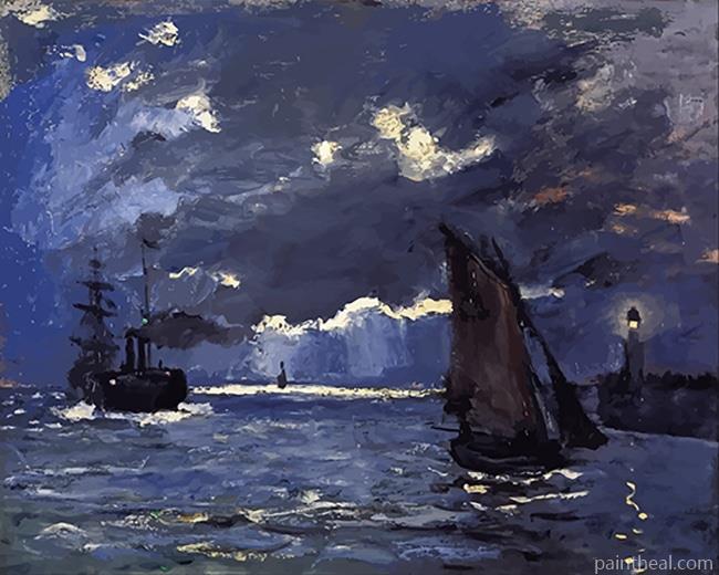 A Seascape Shipping By Moonlight Painting By Numbers Kits