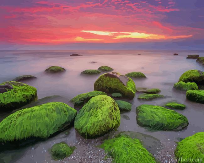 Green Stones Sunset View Painting By Numbers Kits