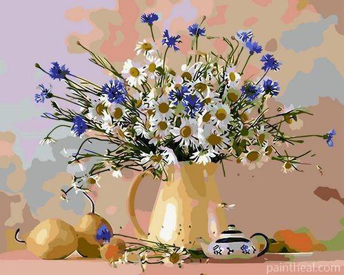 Daisies And Blue Flowers Vase Painting By Numbers Kits
