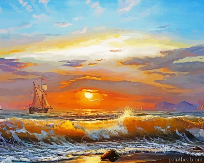 Sea Wave Sunset Ship Painting By Numbers Kits