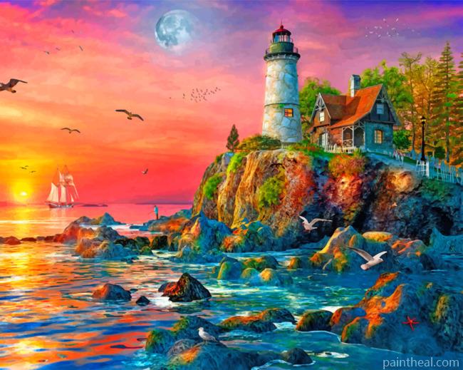 Sunset Ocean Lighthouse Painting By Numbers Kits