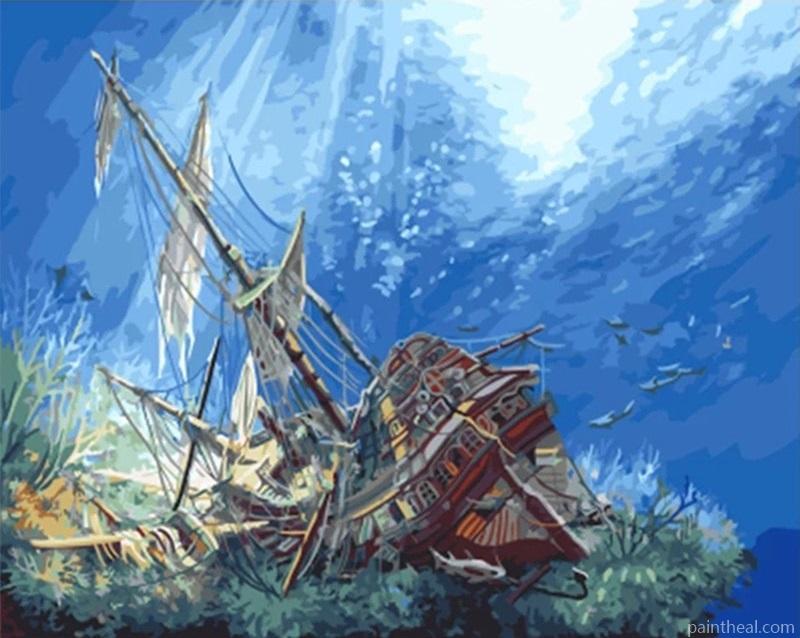 Sea Floor Boat Acrylic Canvas Painting -Seascape Painting By Numbers Kits