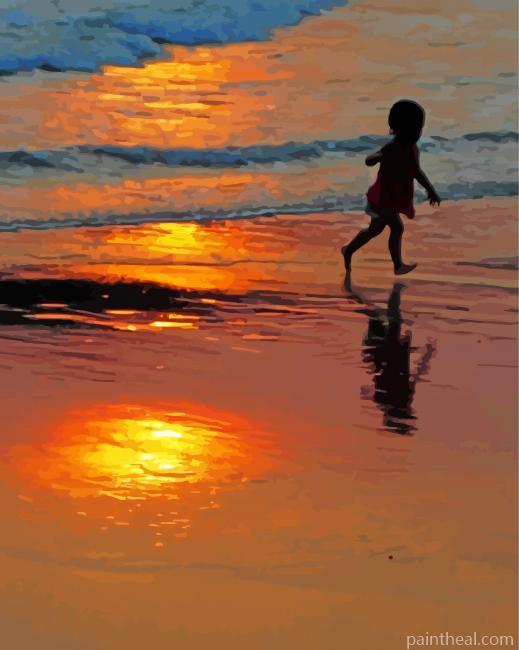 Silhouette Boy Running On Beach Painting By Numbers Kits