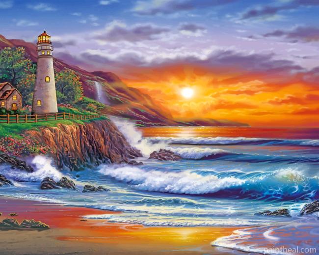 Sunset Beach Lighthouse Painting By Numbers Kits