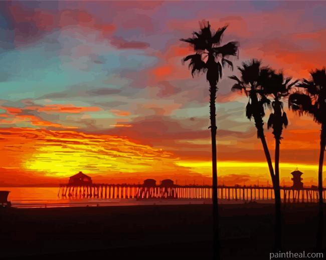Huntington Beach Sunset Silhouette Painting By Numbers Kits