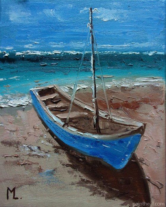 Blue Boat Beachside Painting By Numbers Kits