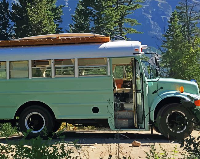 Green School Bus In The Mountain Painting By Numbers Kits