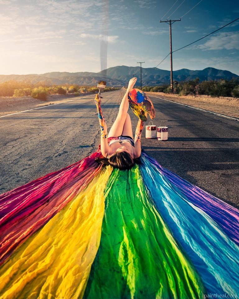 Girl Drawing Rainbow in The Road Abstract Painting By Numbers Kits
