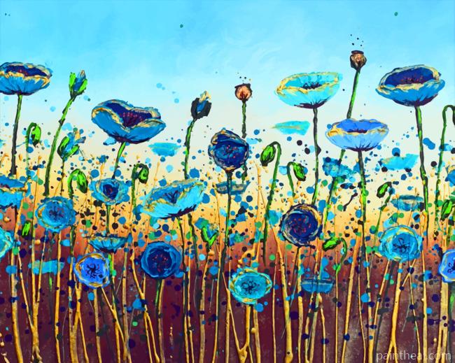Aesthetic Abstract Blue Poppies Painting By Numbers Kits