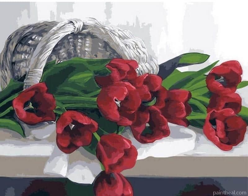 Red Roses In Bamboo Basket Painting By Numbers Kits