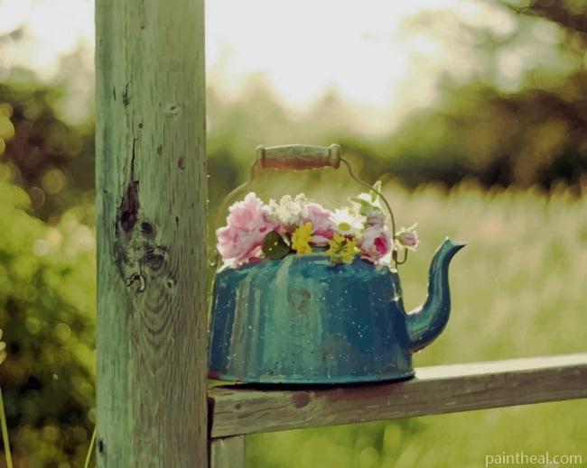 Green Teapot With flowers Painting By Numbers Kits