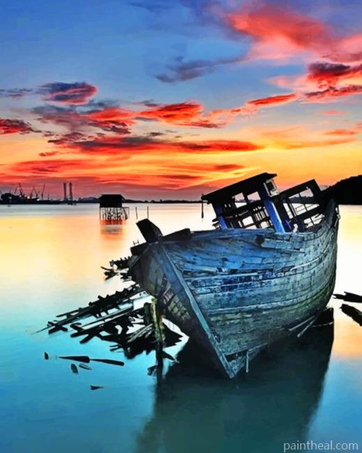 Abandoned Boat On Sea Painting By Numbers Kits