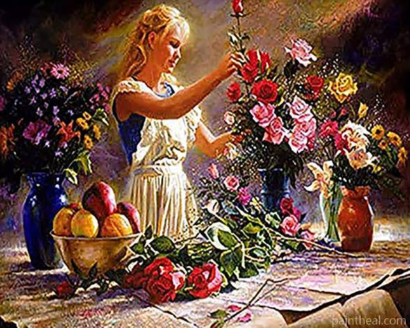 Woman Putting Flowers In Vase Painting By Numbers Kits