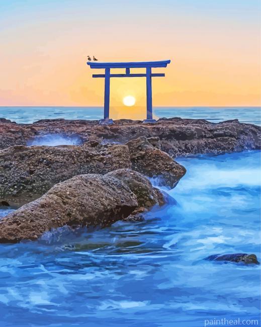 Oarai Isosaki Shrine Sunset Seascape Painting By Numbers Kits