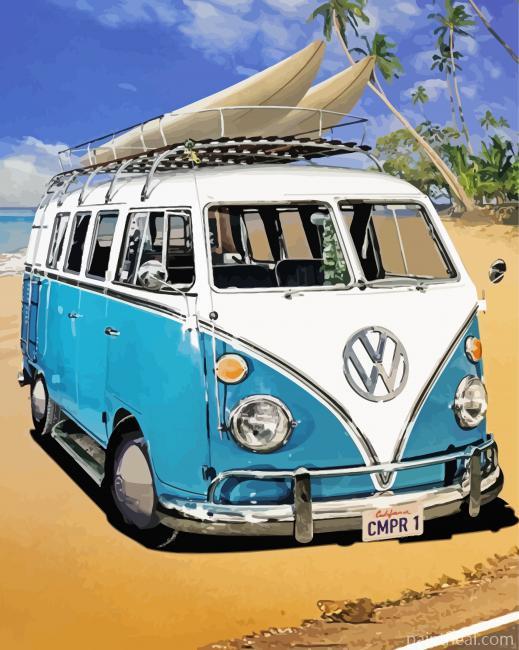 Blue Vw Camper On Beach Painting By Numbers Kits