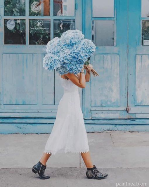 Girl Holding Blue Hydrangea – 5D Diamond Painting Painting By Numbers Kits