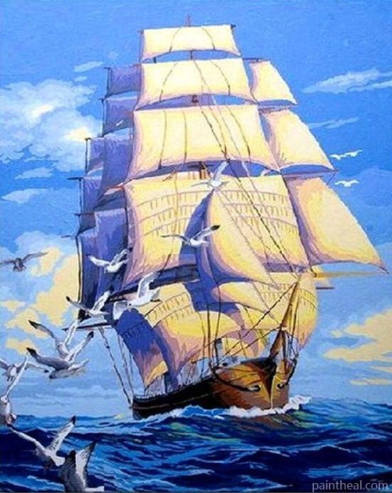 Big Sailing Boat In Ocean Painting By Numbers Kits