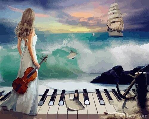 Lady with Piano and Violin at the Beach Abstract Painting By Numbers Kits