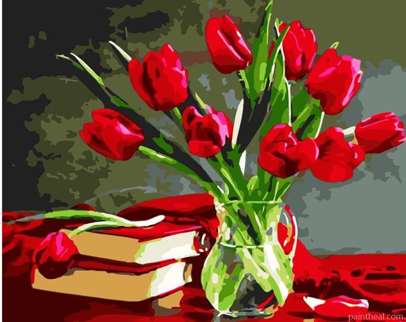 Red Tulips In Glass Vase Painting By Numbers Kits