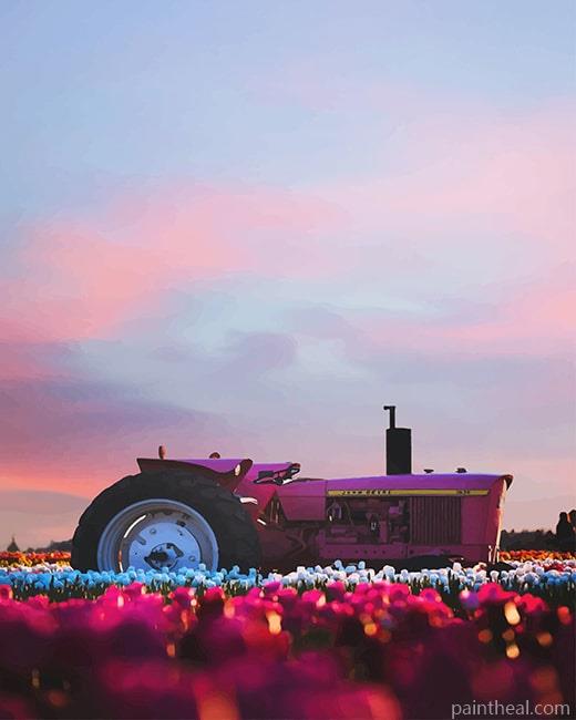 Pink Tractor In Field Painting By Numbers Kits