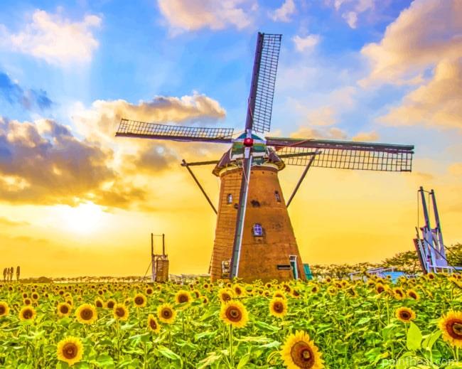Sunflowers And The Windmill Painting By Numbers Kits