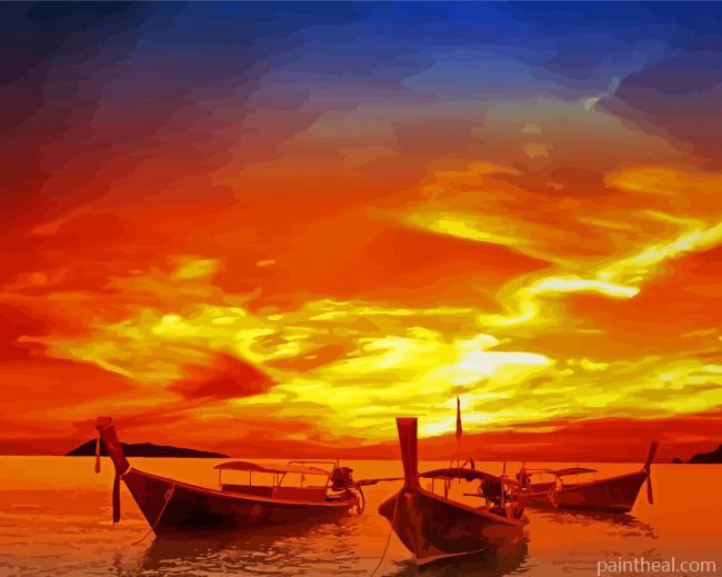 Sunset With Boats Painting By Numbers Kits