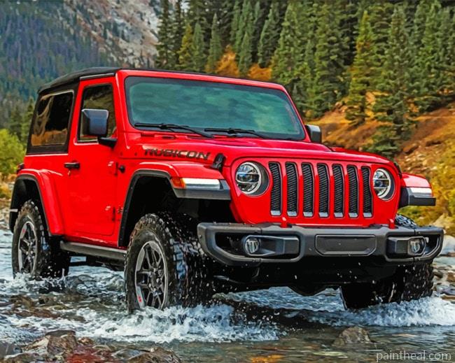Red Jeep Crossing The River Painting By Numbers Kits