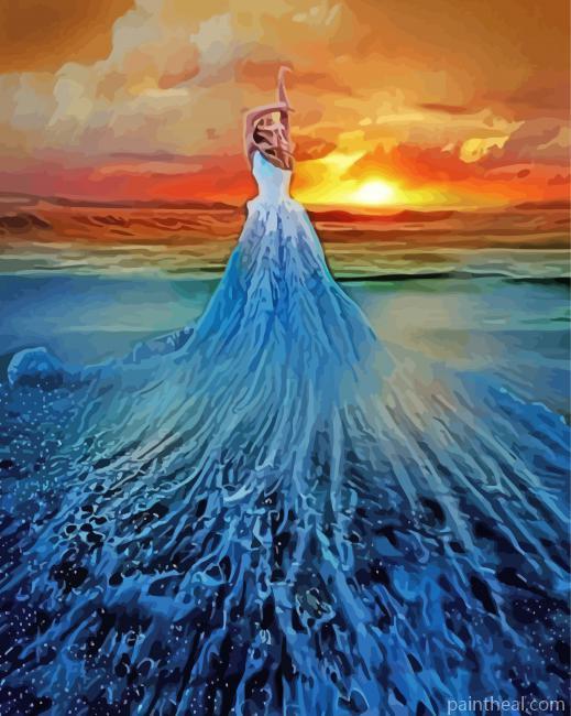 Lady Wearing Blue Dress In Ocean Wave Painting By Numbers Kits