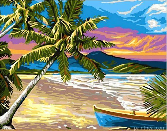 Palm and Boat on Seaside Seascape Painting By Numbers Kits