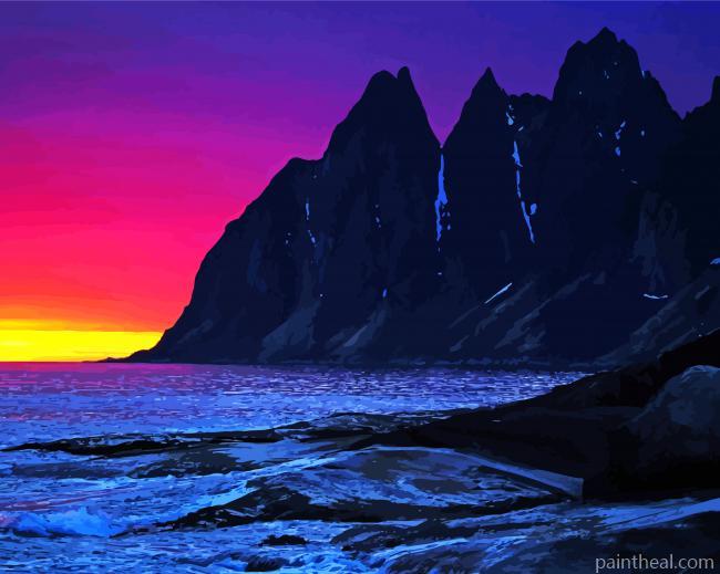 Pink Sunset With Mountain And Waves Painting By Numbers Kits