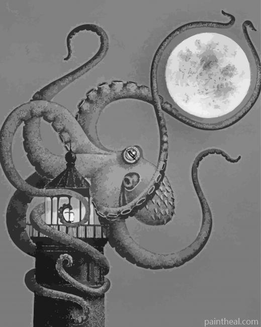 Black And White Octopus And Lighthouse Painting By Numbers Kits