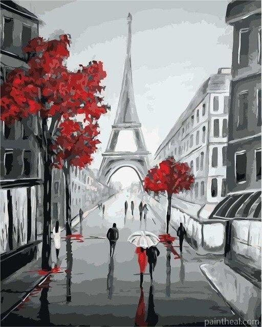 Paris Street View in Black and Red Cities Painting By Numbers Kits